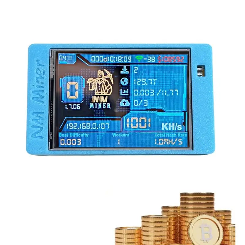 Blue NerdMiner with displayed mining stats.