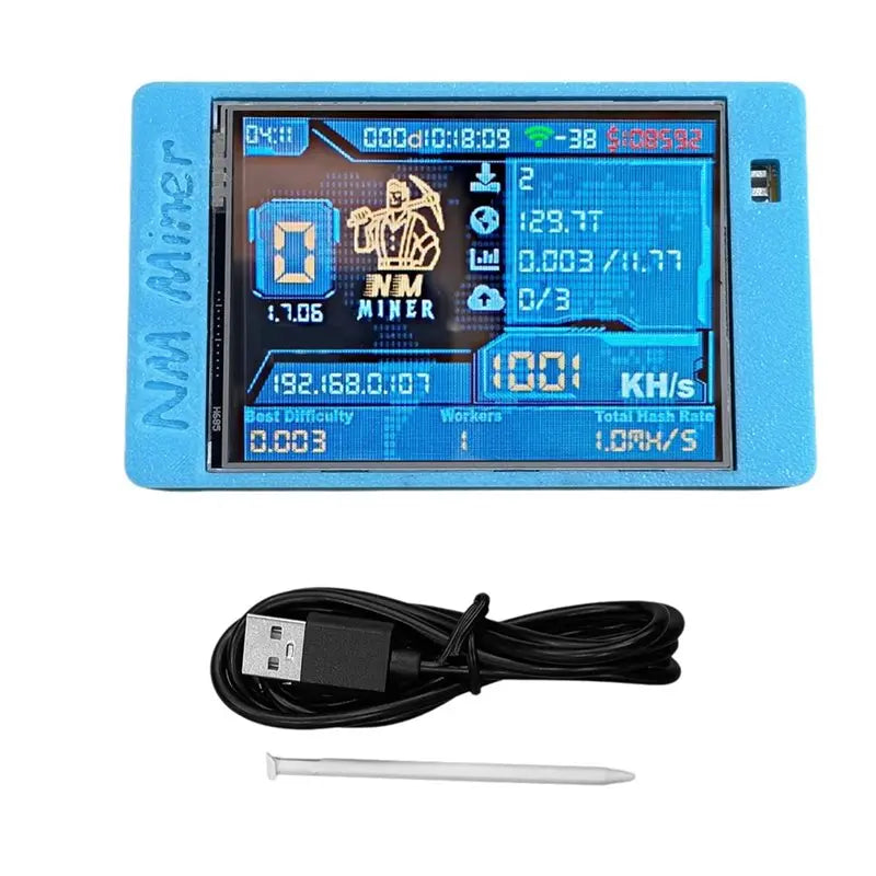 Blue NerdMiner with screen and USB cable on a white background