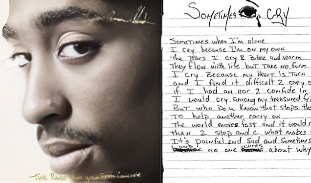 Side by side view of the front cover of the poetry book by Tupac Shakur "The Rose That Grew from Concrete" with the left side as the front cover and the right side a handwritten poem titled "Sometimes I Cry" where in Place of the word or letter "I" It is an illustration of one eyeball.