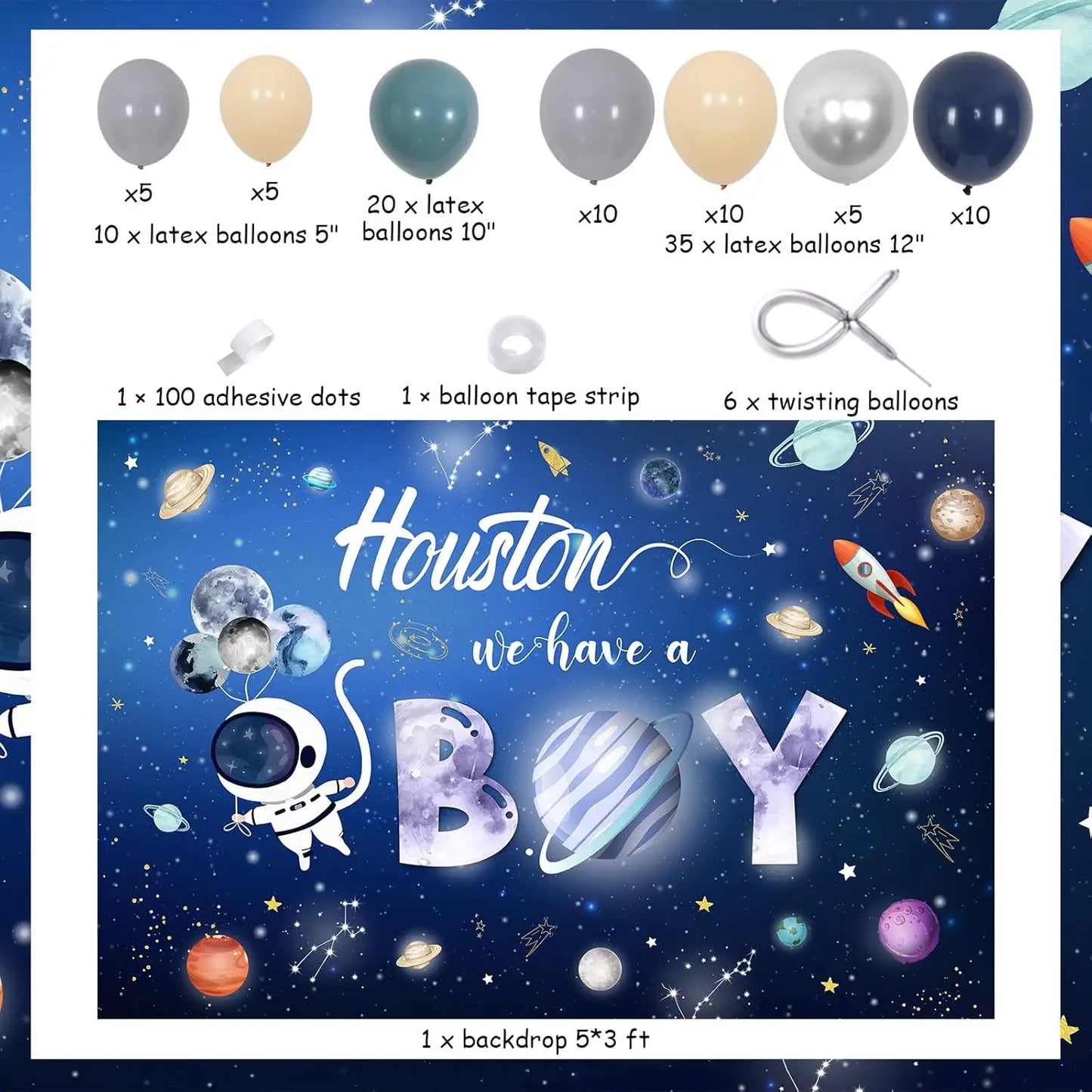 Space-themed baby shower package with balloons, dots, tape, and backdrop.