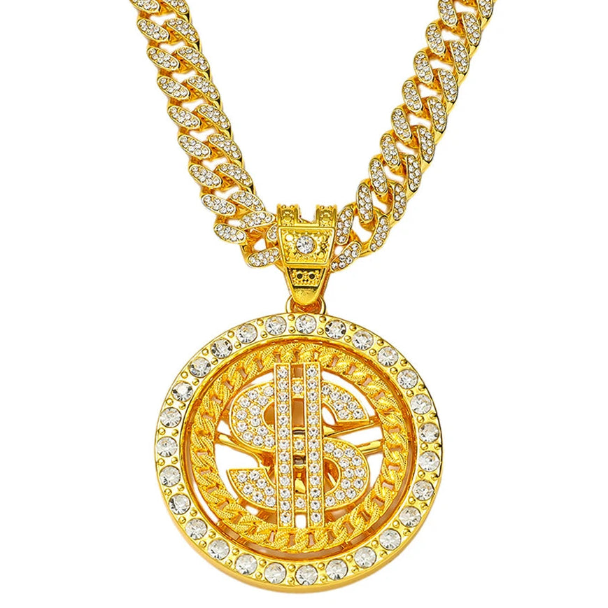 Gold necklace with a dollar sign pendant on a white background
