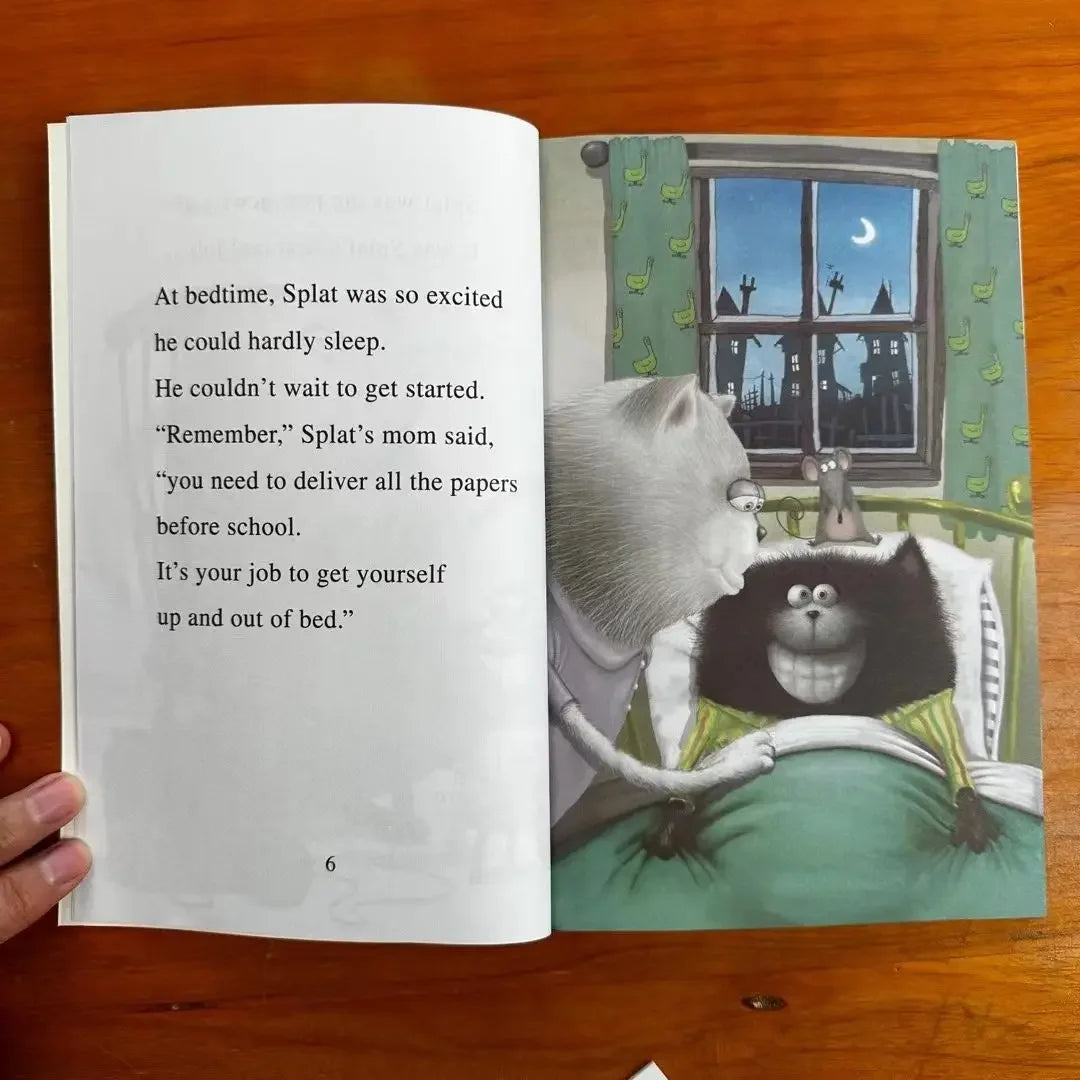 Open page 'Splat the Cat' book by Rob Scotton from the 'I Can Read!' book series for display.