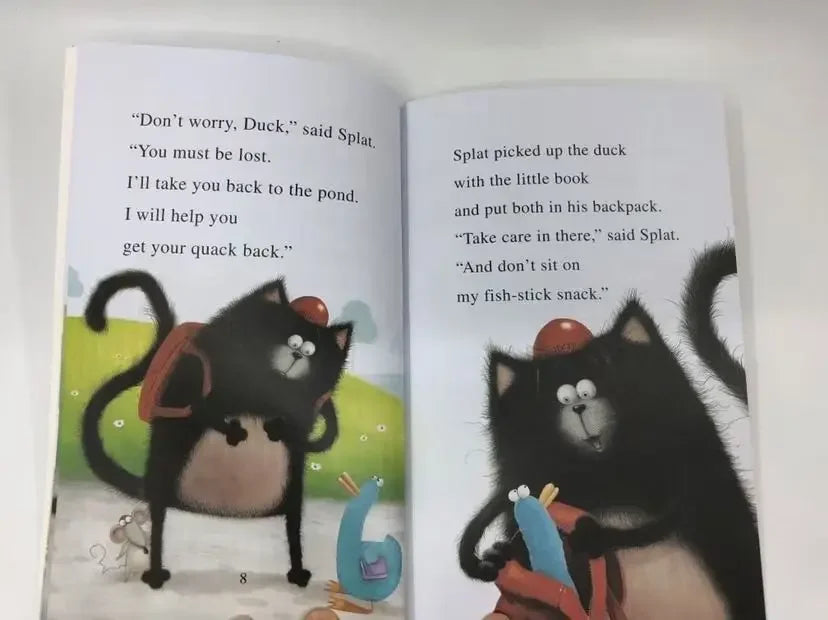 Open page 'Splat the Cat' book by Rob Scotton from the 'I Can Read!' book series for display.