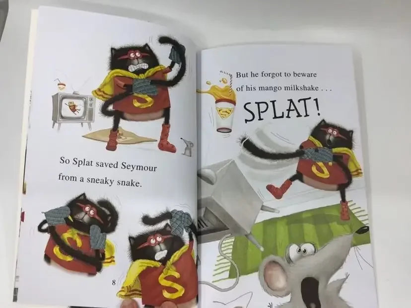 Open page 'Splat the Cat' book by Rob Scotton from the 'I Can Read!' book series for display.