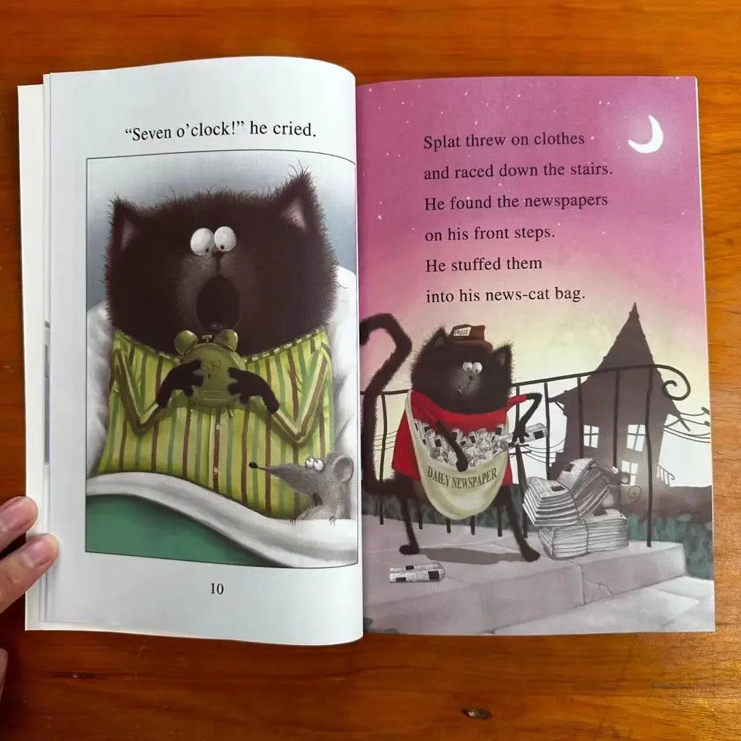 Open page 'Splat the Cat' book by Rob Scotton from the 'I Can Read!' book series for display.