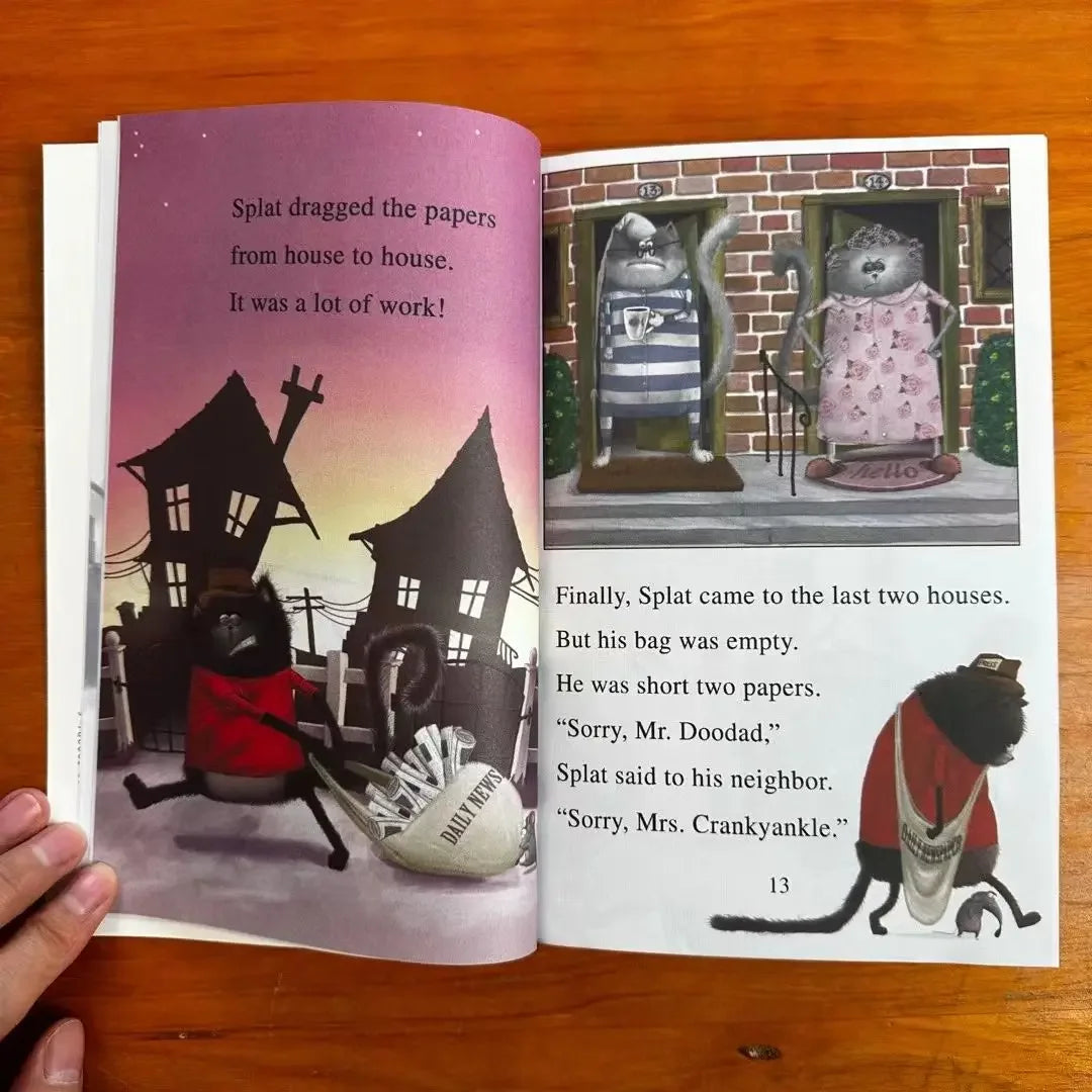 Open page 'Splat the Cat' book by Rob Scotton from the 'I Can Read!' book series for display.