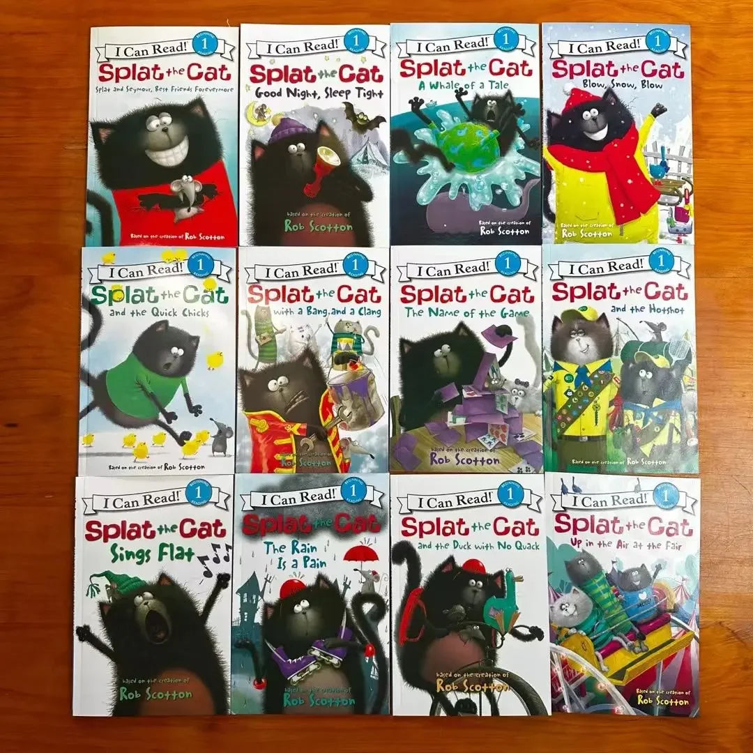 Collection of 'Splat the Cat' books from 'I Can Read!' series on a wooden surface.