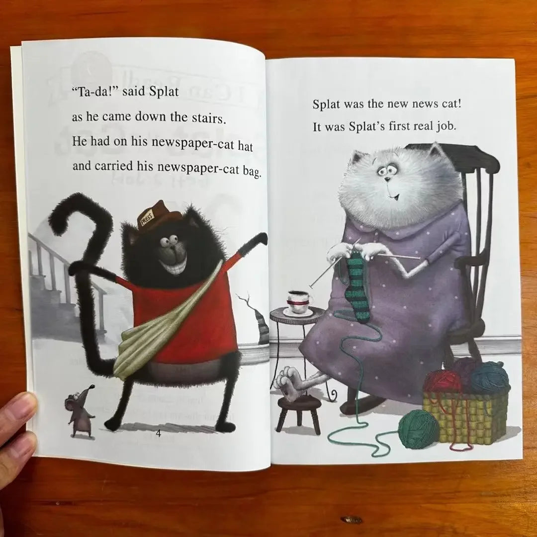 Open page 'Splat the Cat' book by Rob Scotton from the 'I Can Read!' book series for display.
