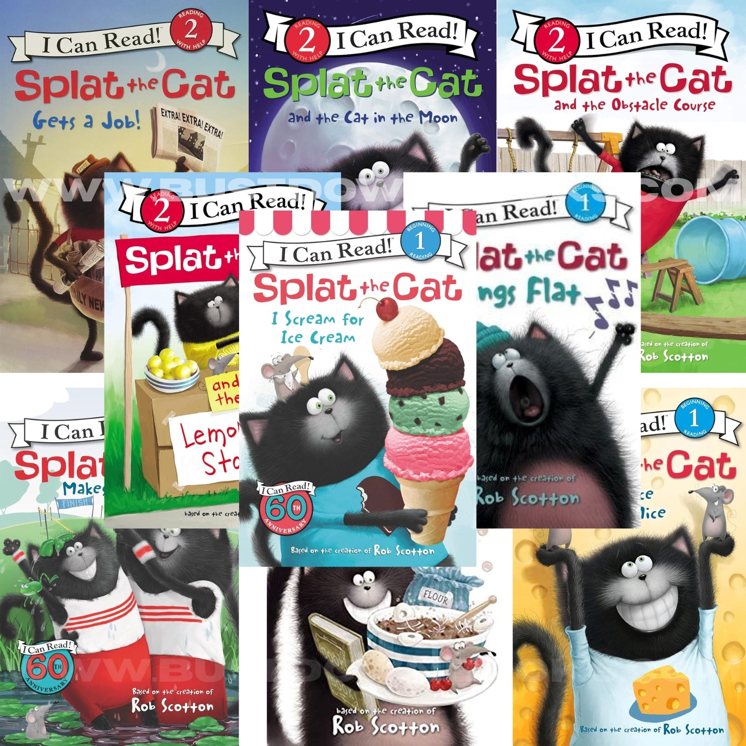 Collage of Rob Scotton: I Can Read 1 & 2 'Splat the Cat' books with various volumes, showcasing book bundle.
