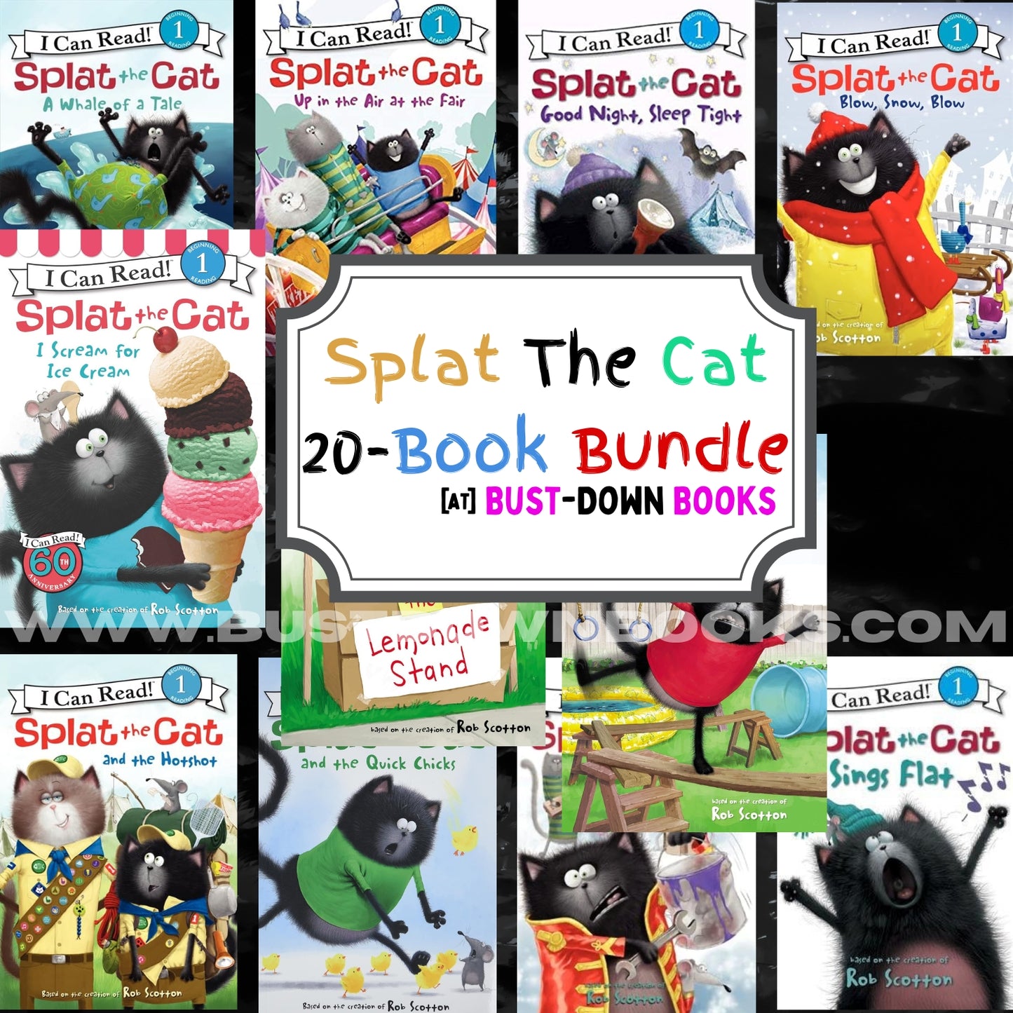 Collage of Rob Scotton 'Splat the Cat' books with a promotional sign for a 20-book bundle.
