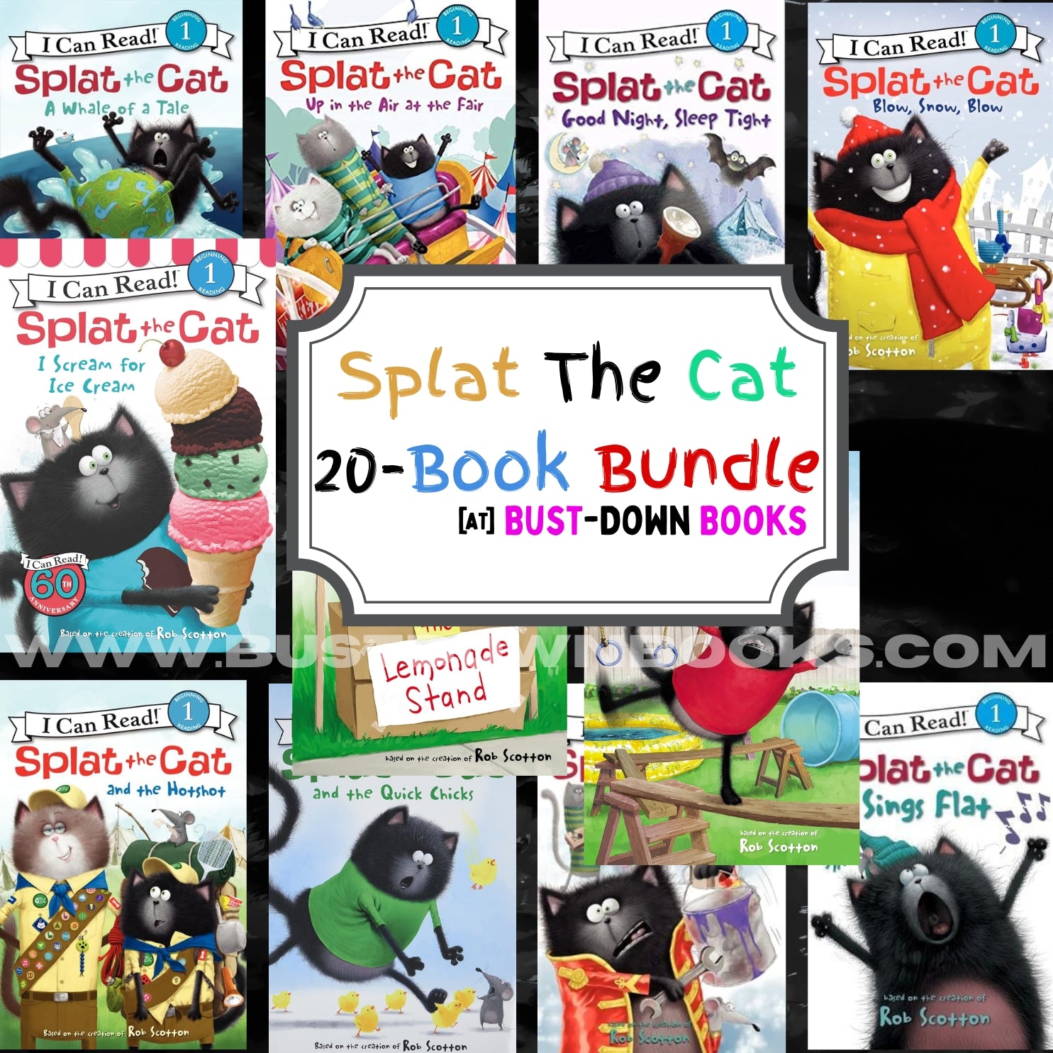 Collage of Rob Scotton 'Splat the Cat' books with a promotional sign for a 20-book bundle.