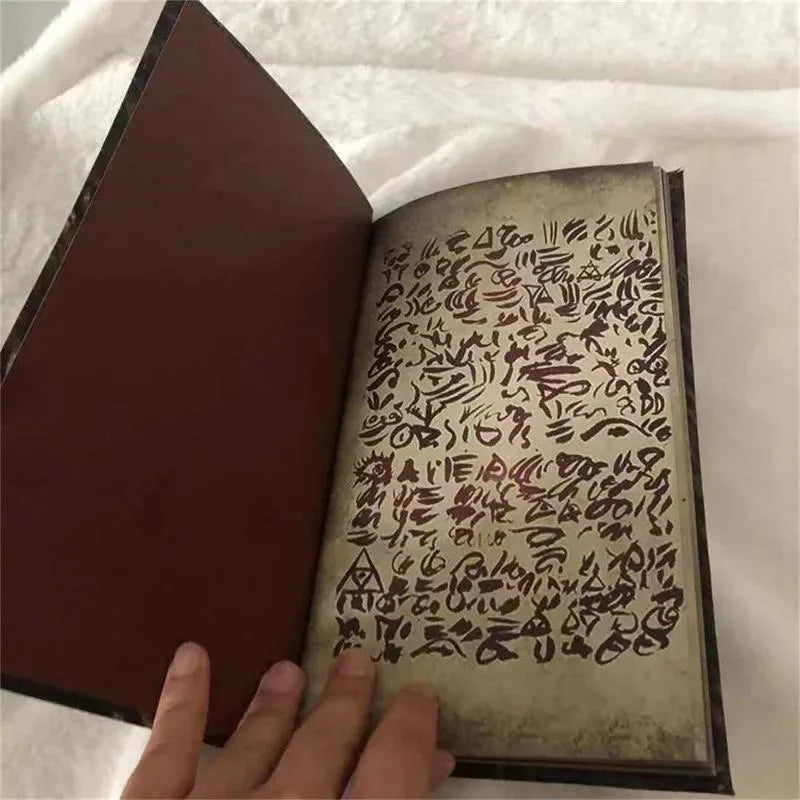 Open book with intricate patterns on a white surface
