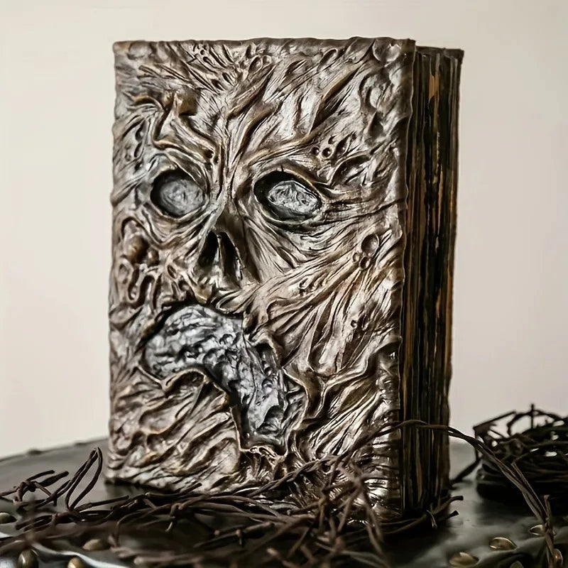 Decorative book with a textured cover resembling a spooky face and eyes on a neutral background
