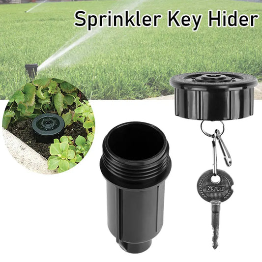 Sprinkler key hider with key attached, shown in use on a lawn.