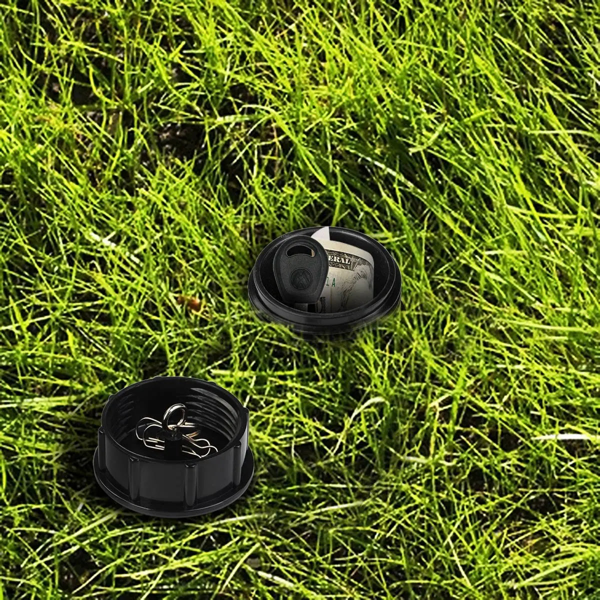 Realistic sprinkler head diversion safes cap and twist body open for hiding keys and cash in the garden.