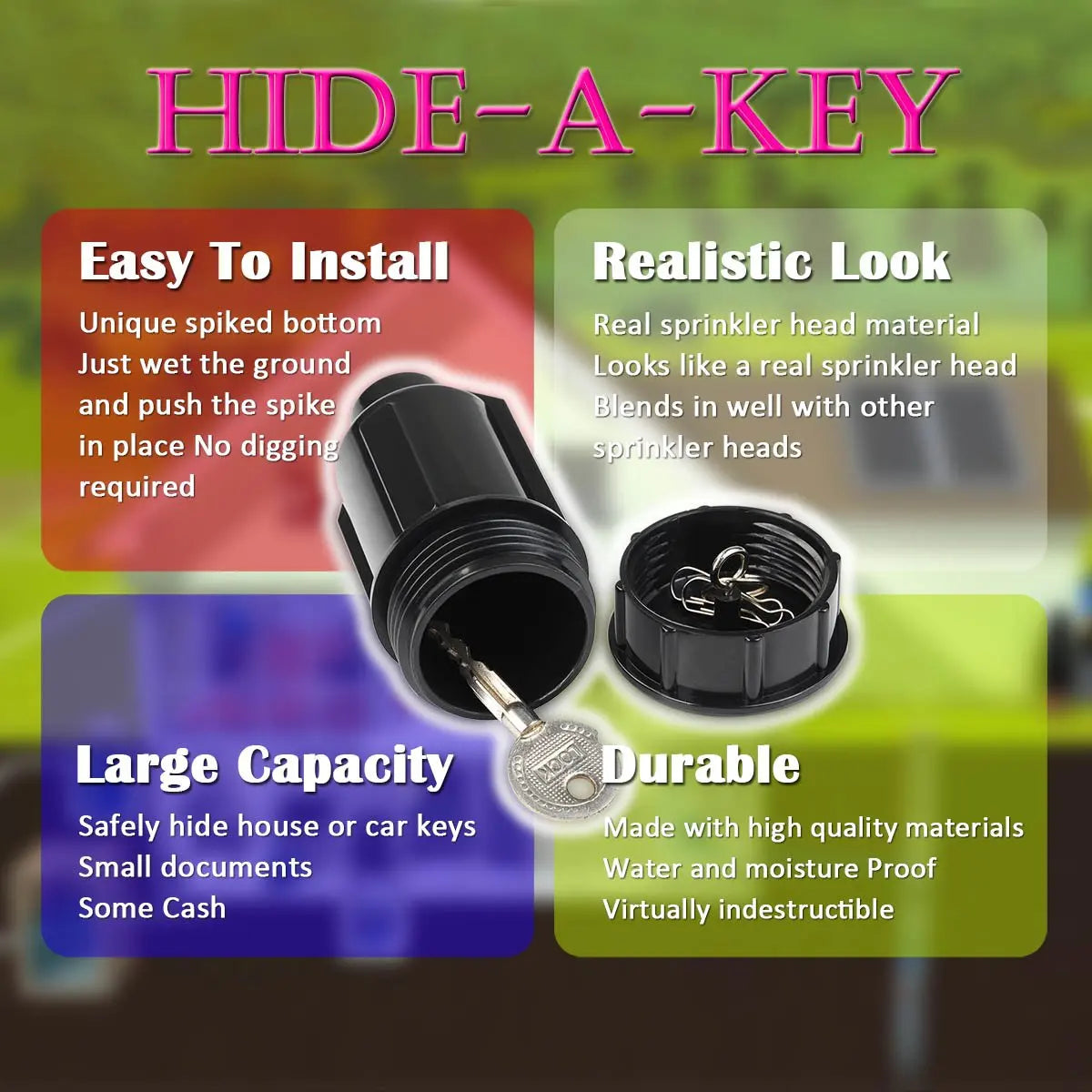 Hide-A-Key product with features listed on a colorful background