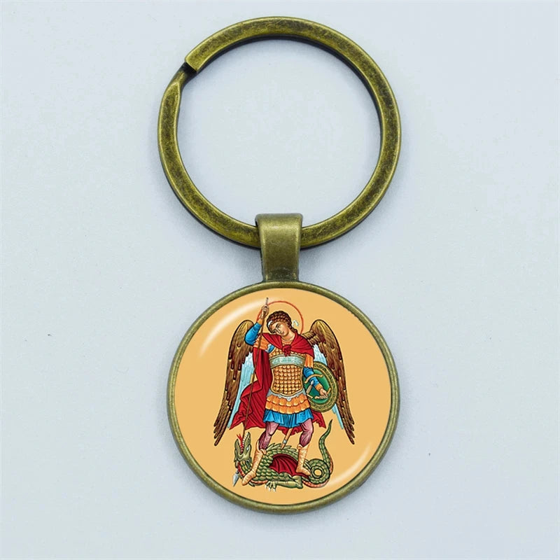 Keychain with an illustration of a warrior with wings on a yellow background