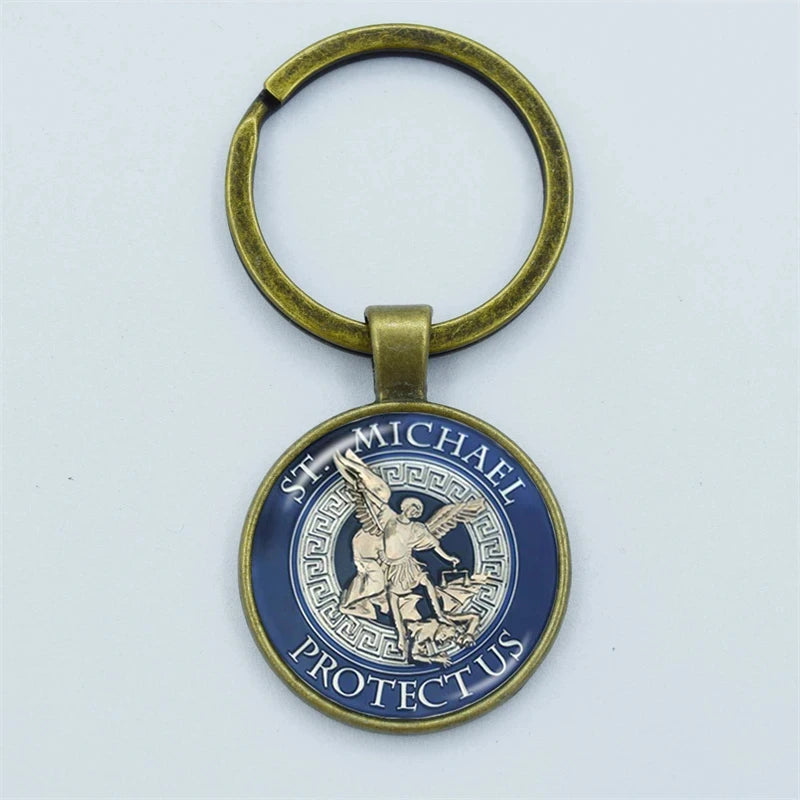 Keychain with St. Michael design on a white background