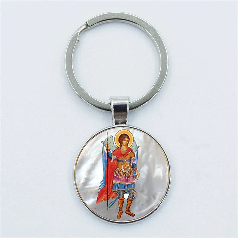 Keychain with a circular pendant featuring an illustration of a warrior holding a sword on a white background