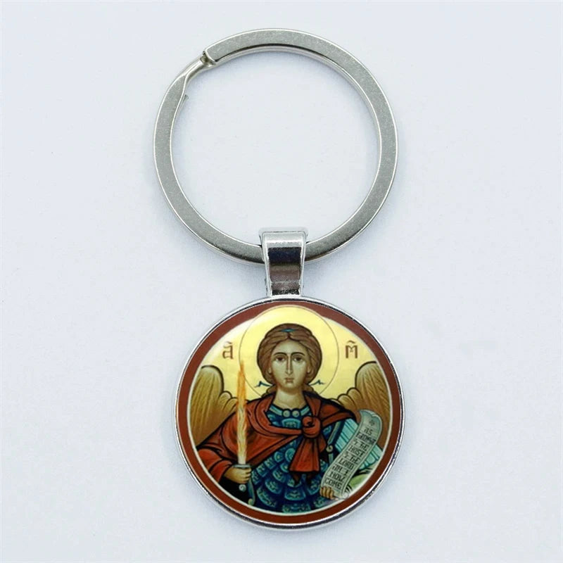 Keychain with religious icon design on a white background