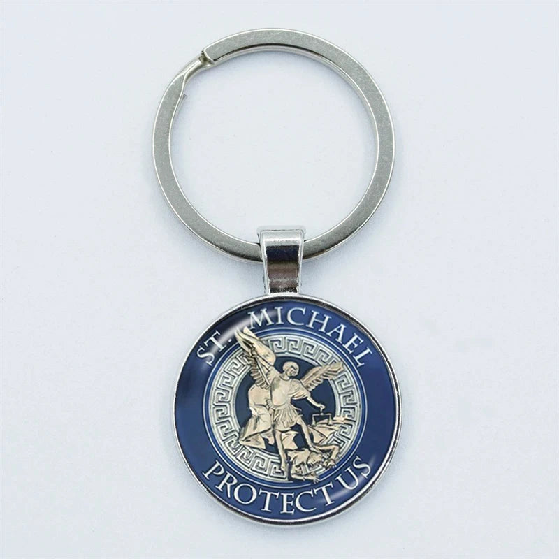 Keychain with St. Michael design on a white background