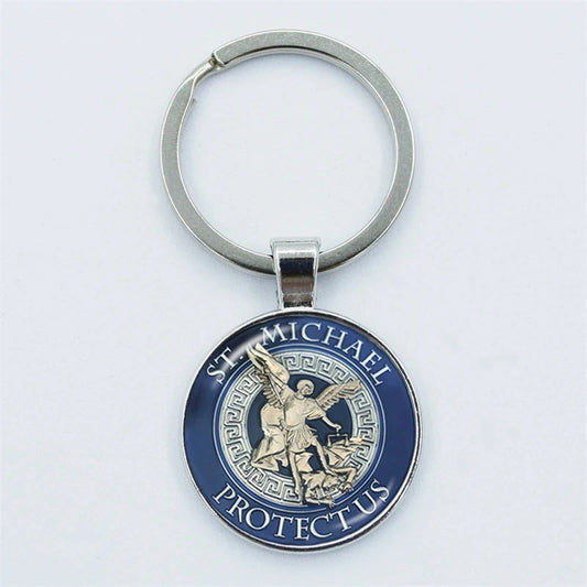 Keychain with St. Michael design on a white background