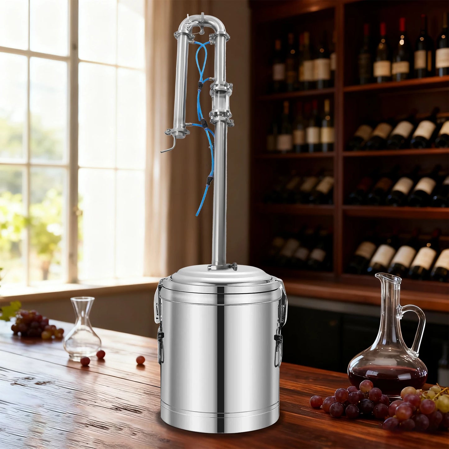 Stainless steel wine press on a wooden table with wine bottles in the background