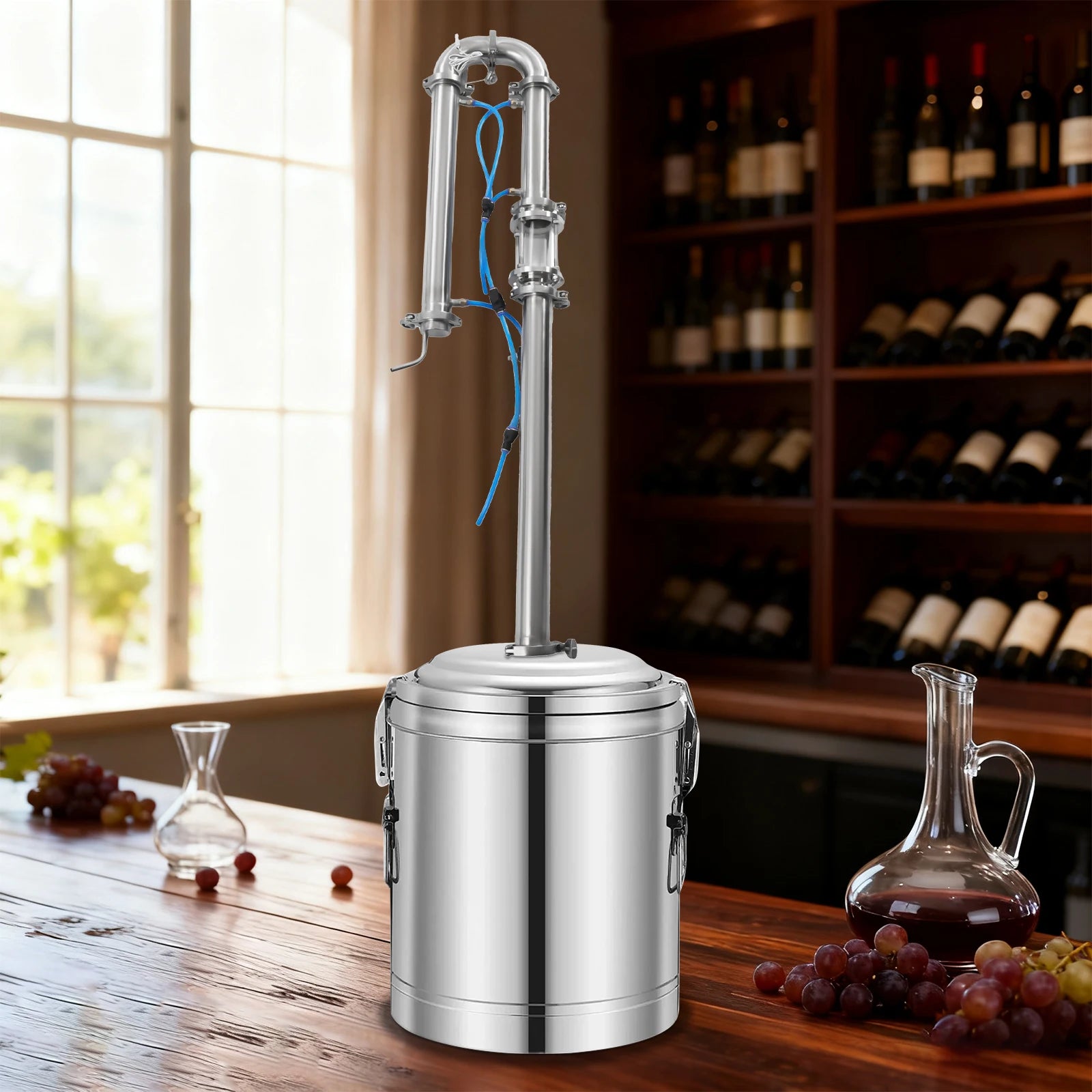 Stainless steel wine press on a wooden table with wine bottles in the background