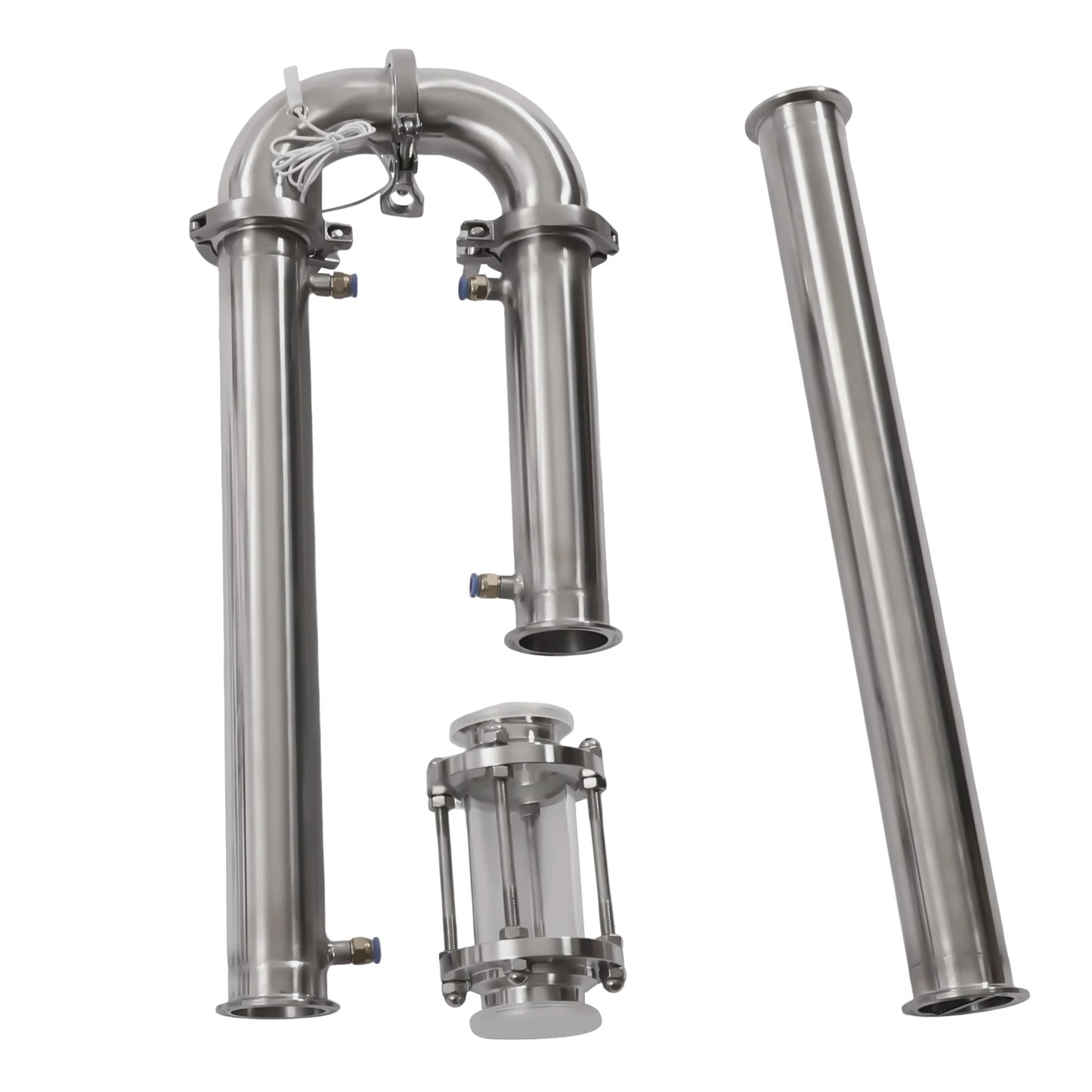 Stainless steel home distilling kit industrial piping components on a white background