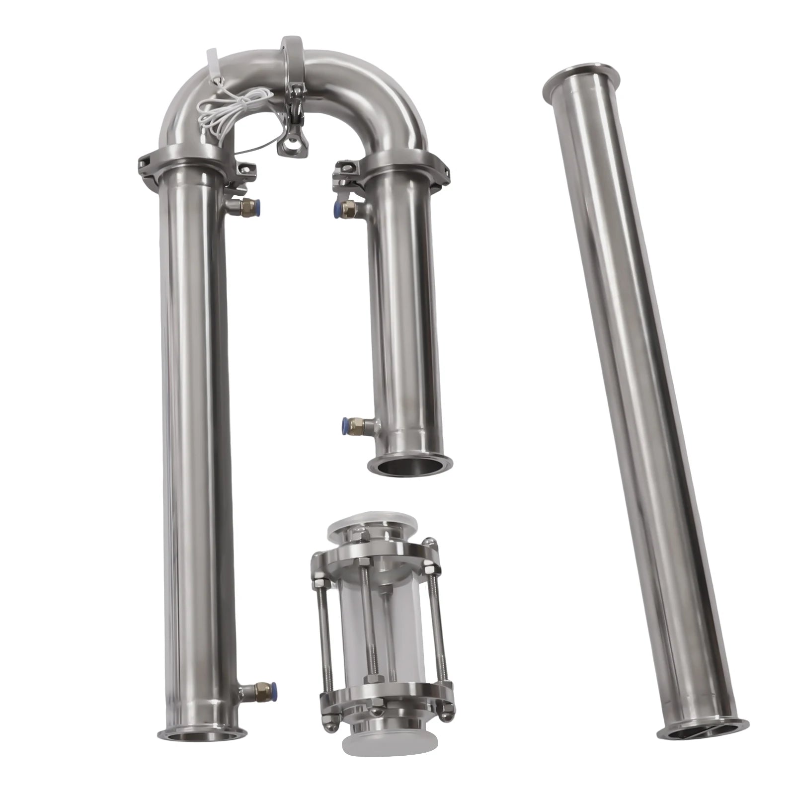 Stainless steel home distilling kit industrial piping components on a white background