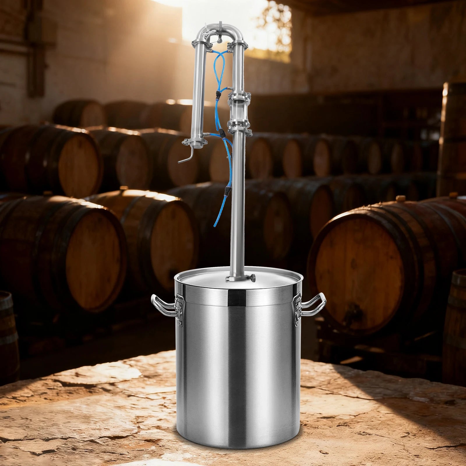 Stainless steel home spirit distilling setup.