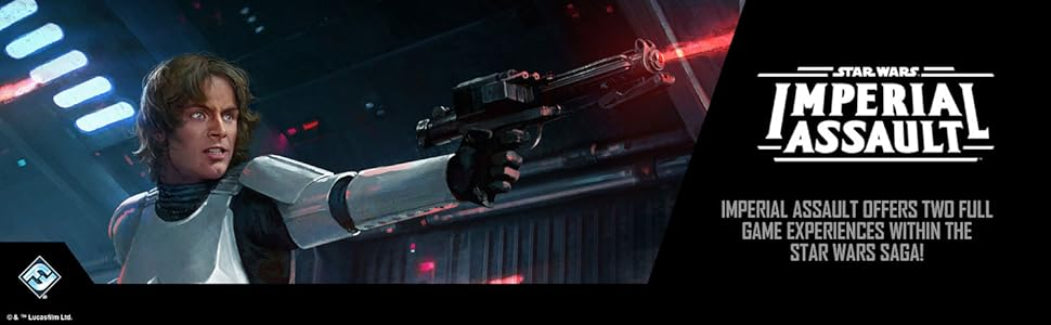 Character from 'Star Wars' holding a weapon with promotional text for 'Imperial Assault' game.