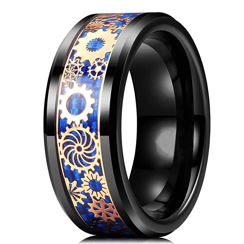 Silver and black Viking Celtic ring with gear steampunk design