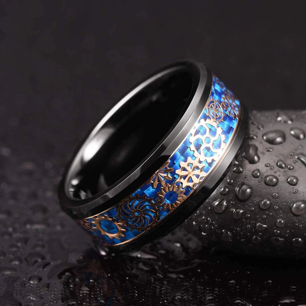 Silver and black Viking Celtic ring with gear steampunk design