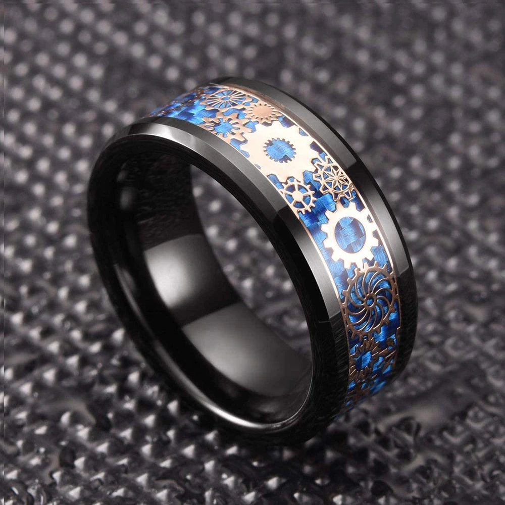 Silver and black Viking Celtic ring with gear steampunk design