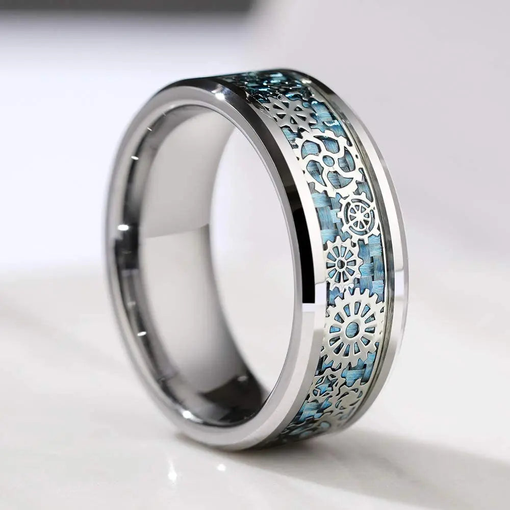 Silver and black Viking Celtic ring with gear steampunk design