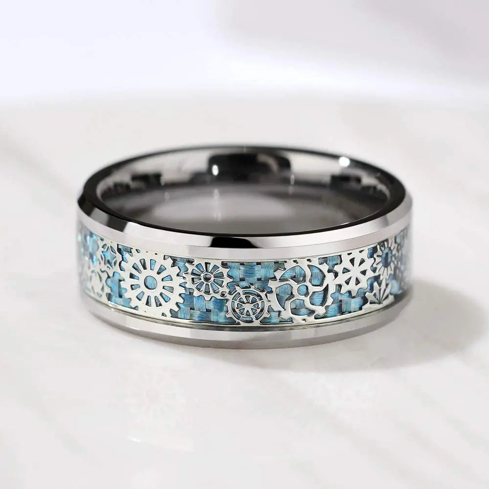 Silver and black Viking Celtic ring with gear steampunk design