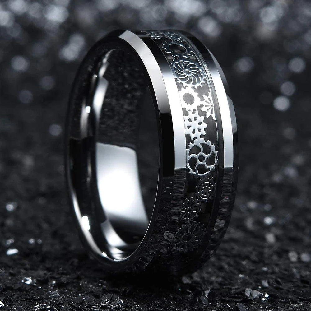 Silver and black Viking Celtic ring with gear steampunk design