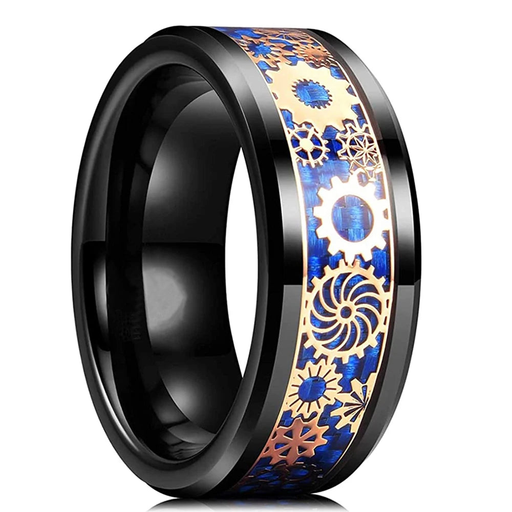 Silver and black Viking Celtic ring with gear steampunk design