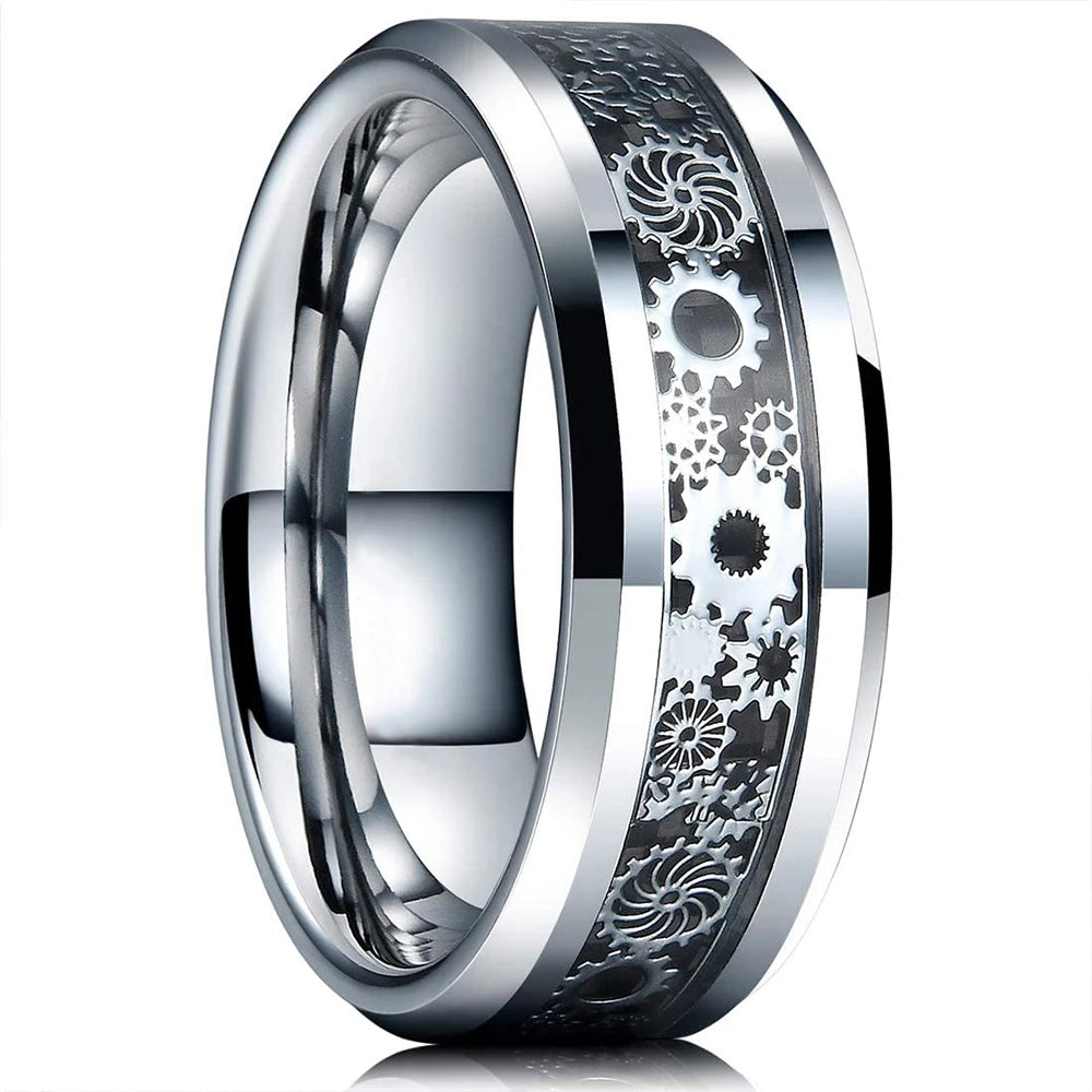 Silver and black Viking Celtic ring with gear steampunk design