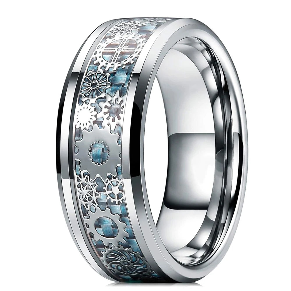 Silver and black Viking Celtic ring with gear steampunk design