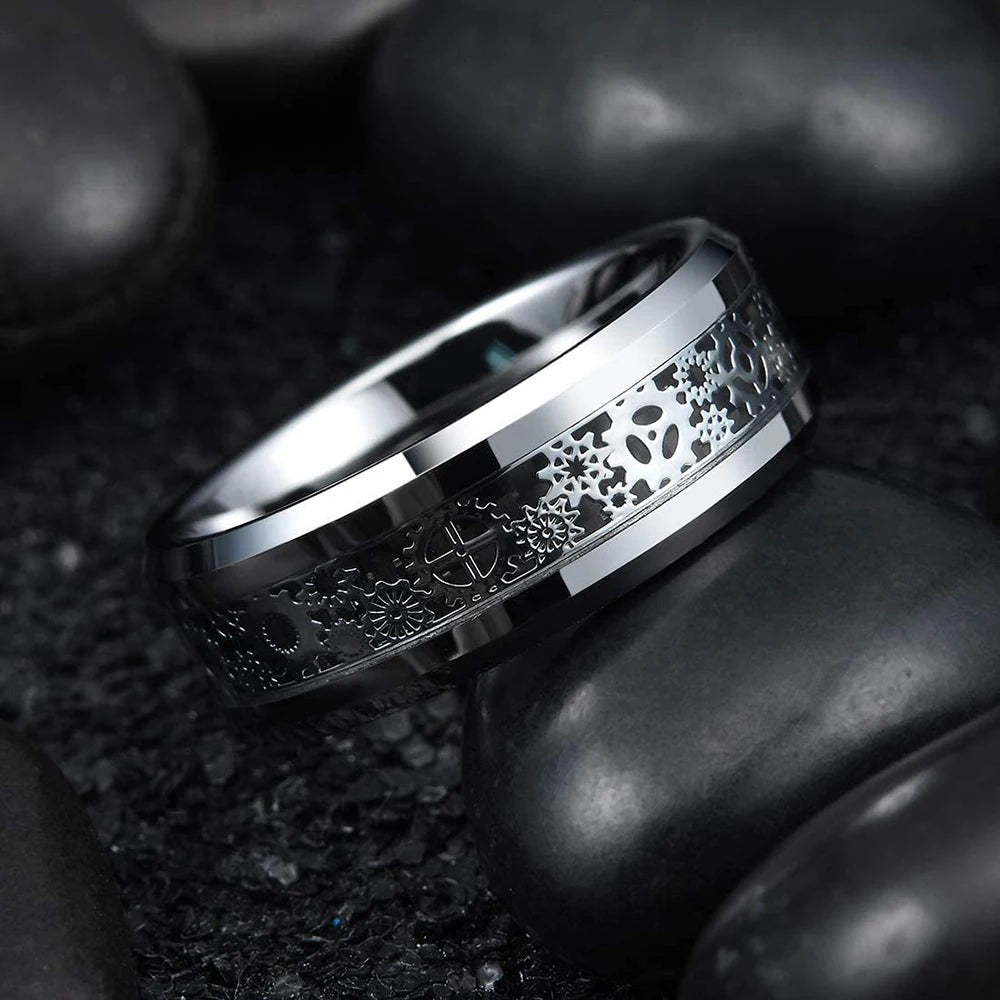 Silver and black Viking Celtic ring with gear steampunk design