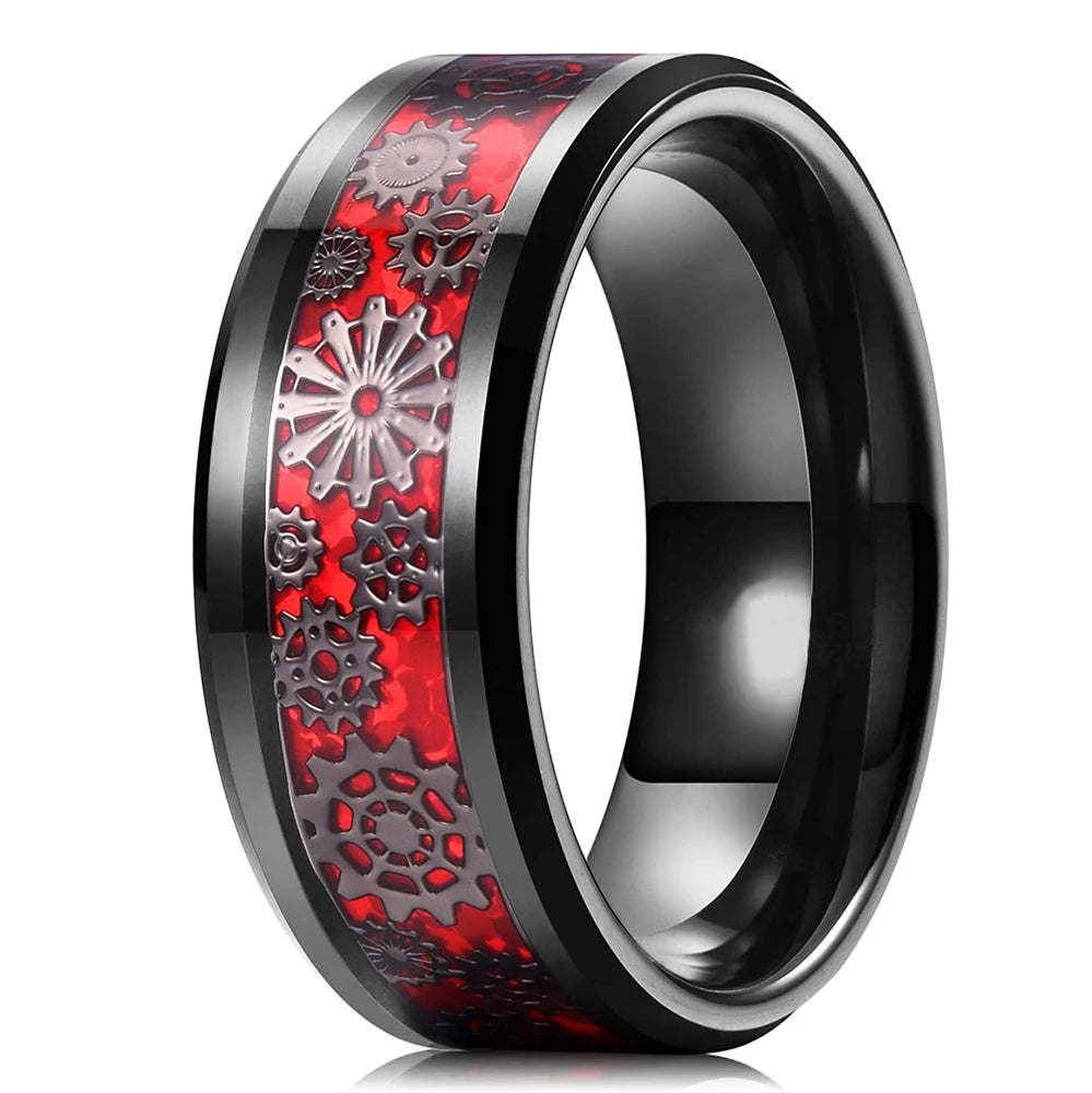 Silver and black Viking Celtic ring with gear steampunk design
