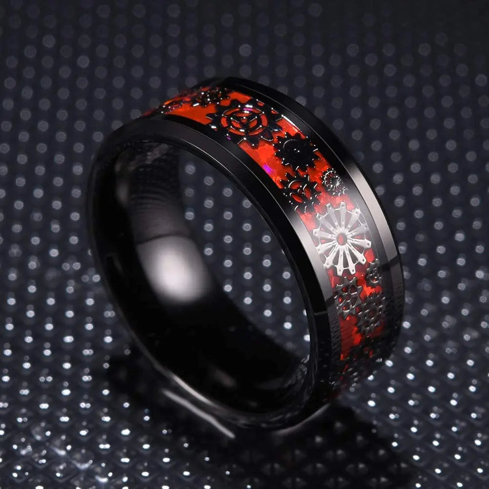 Silver and black Viking Celtic ring with gear steampunk design