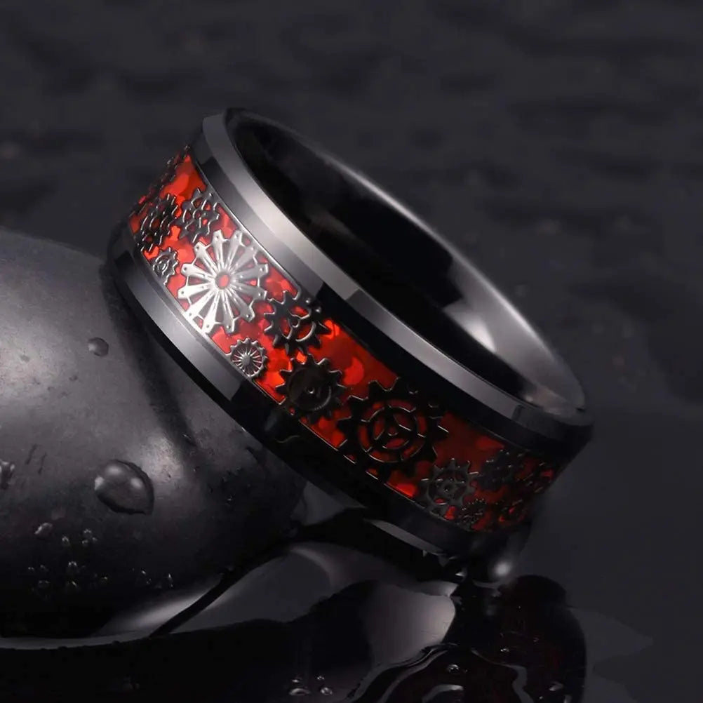 Silver and black Viking Celtic ring with gear steampunk design