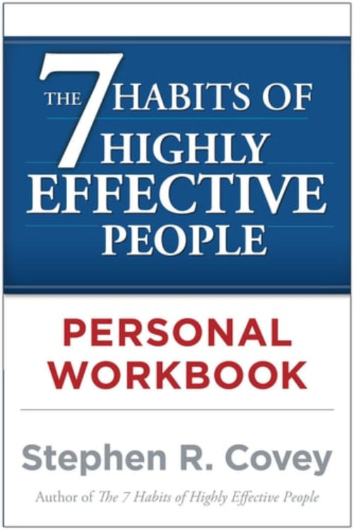 Book cover of 'The 7 Habits of Highly Effective People Personal Workbook' by Stephen R. Covey with a blue and white design.