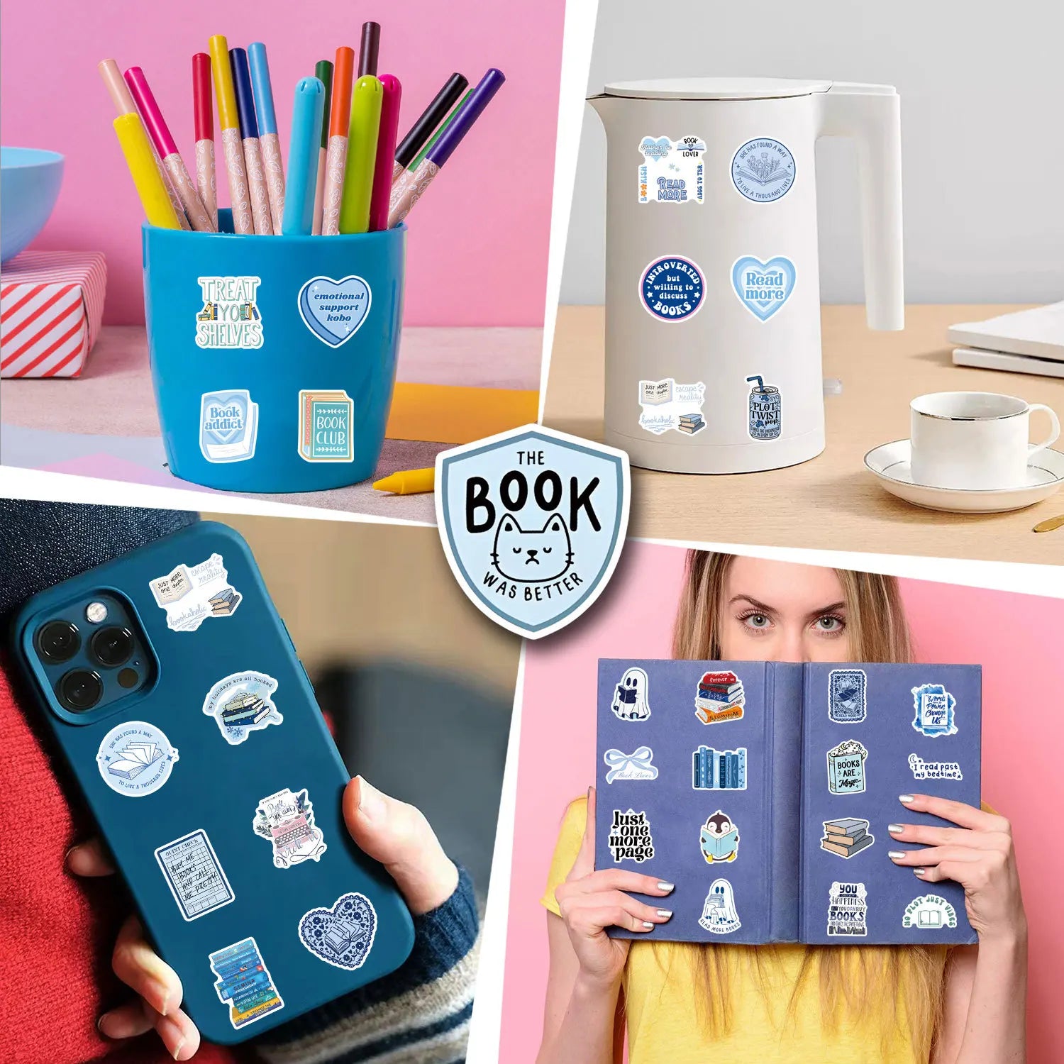 Collage of various items with stickers: a blue cup, phone case, notebook, and pitcher.
