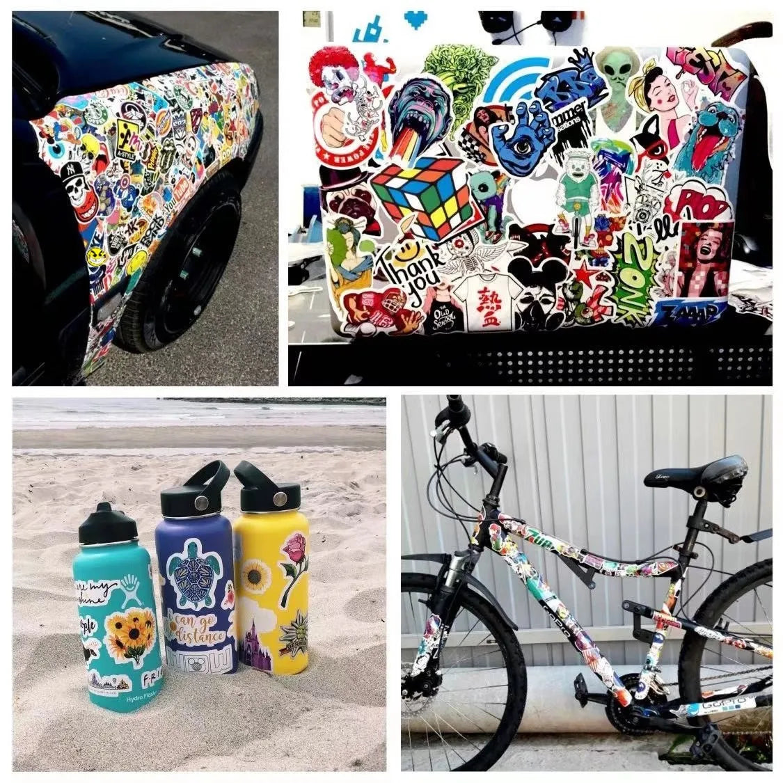 Collage of various items with colorful stickers including a car, bicycle, water bottles, and a bag.