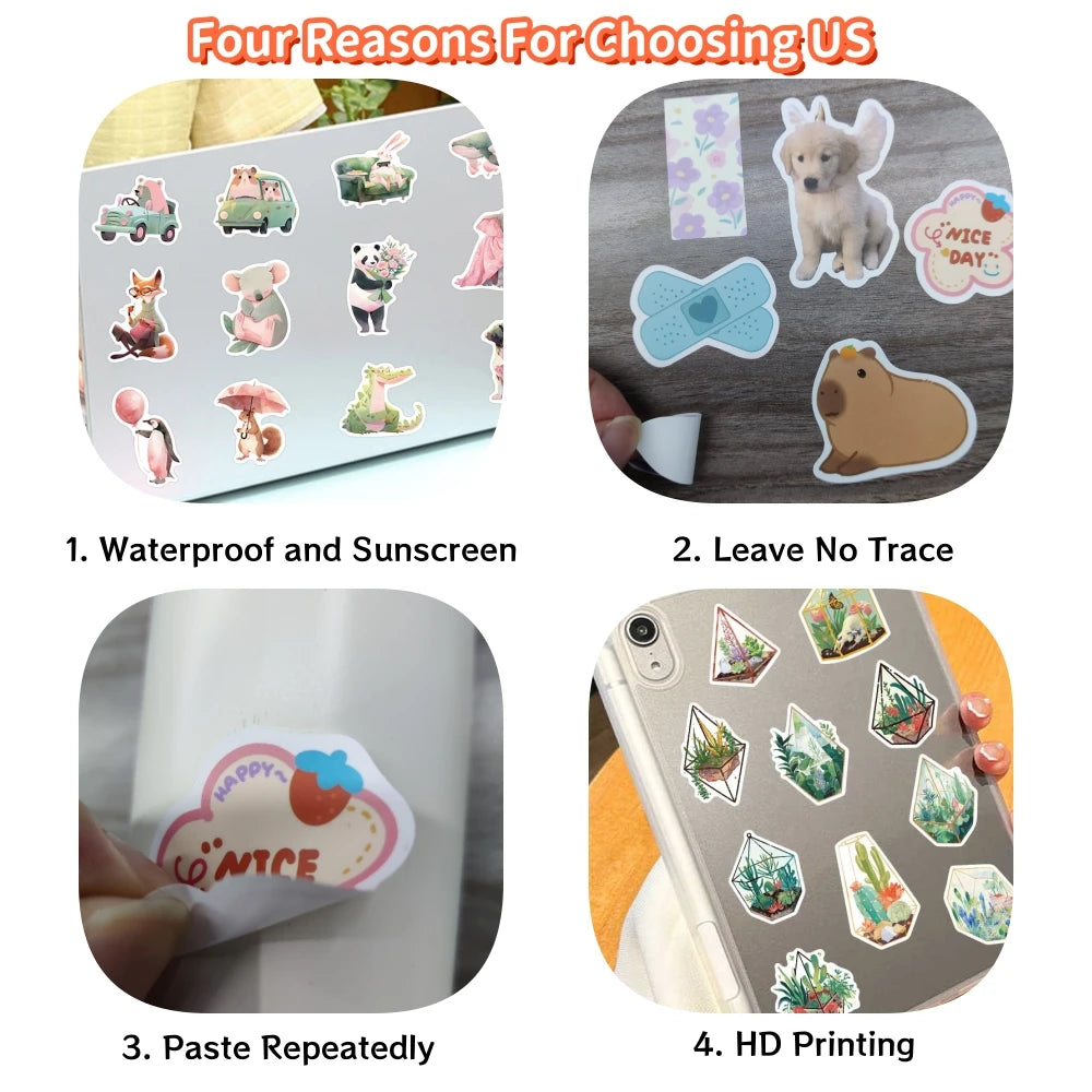Sticker set with various designs on a white background, featuring text about reasons for choosing the product.