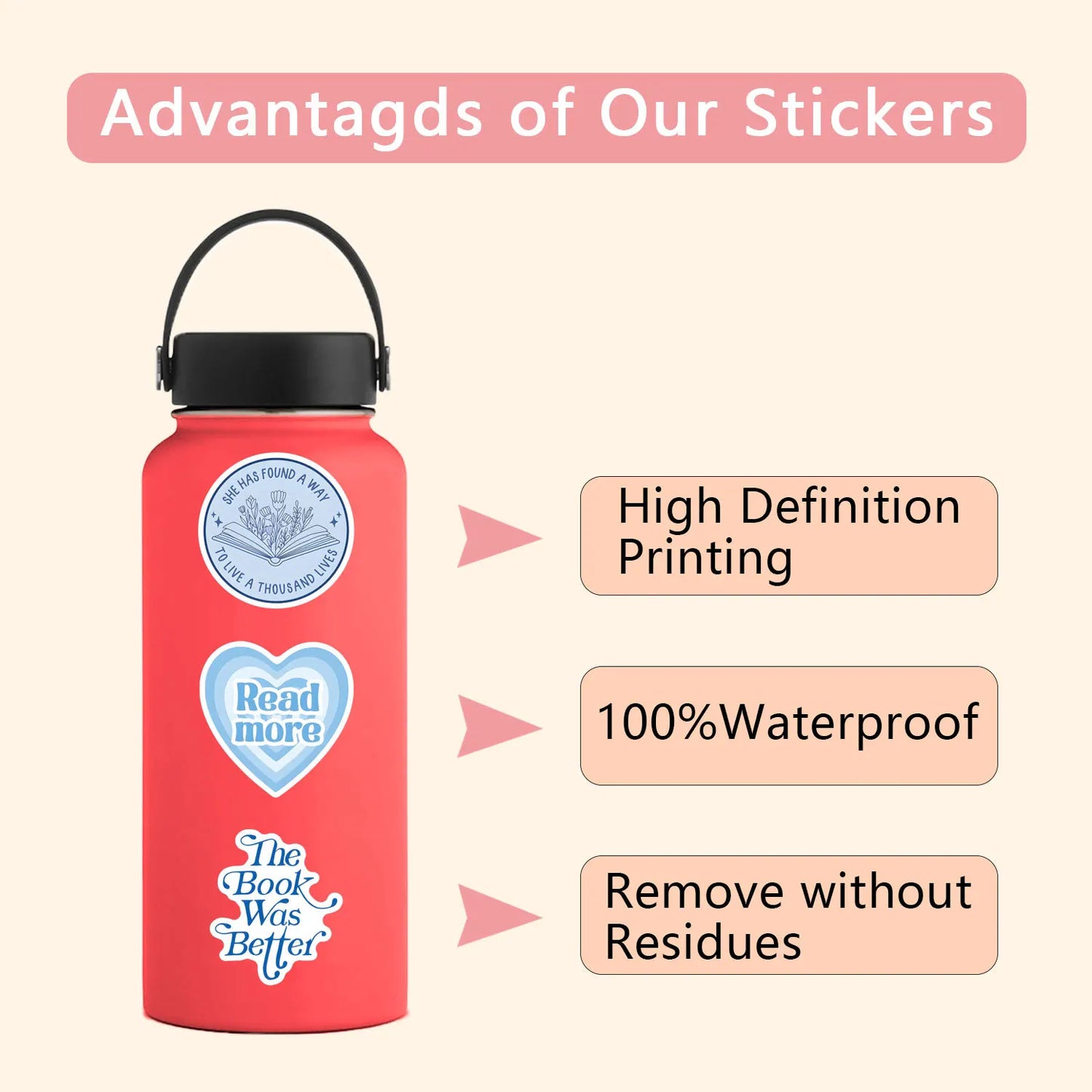 Sticker set highlights. Red water bottle with stickers and text highlighting sticker advantages on a beige background